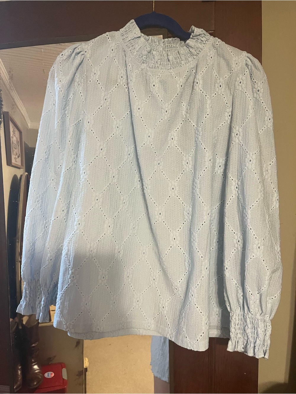 SHEIN Light Blue Eyelet Smocked Ruffle Neck Blouse